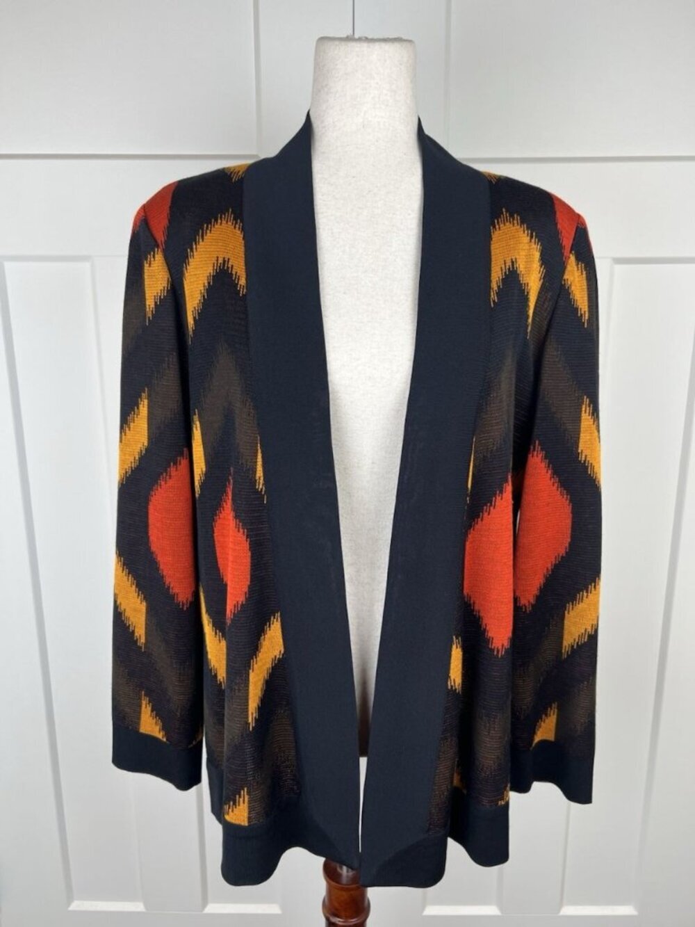 Misook Open Front Knit Jacket M Black Orange Ikat Geometric Lightweight Career